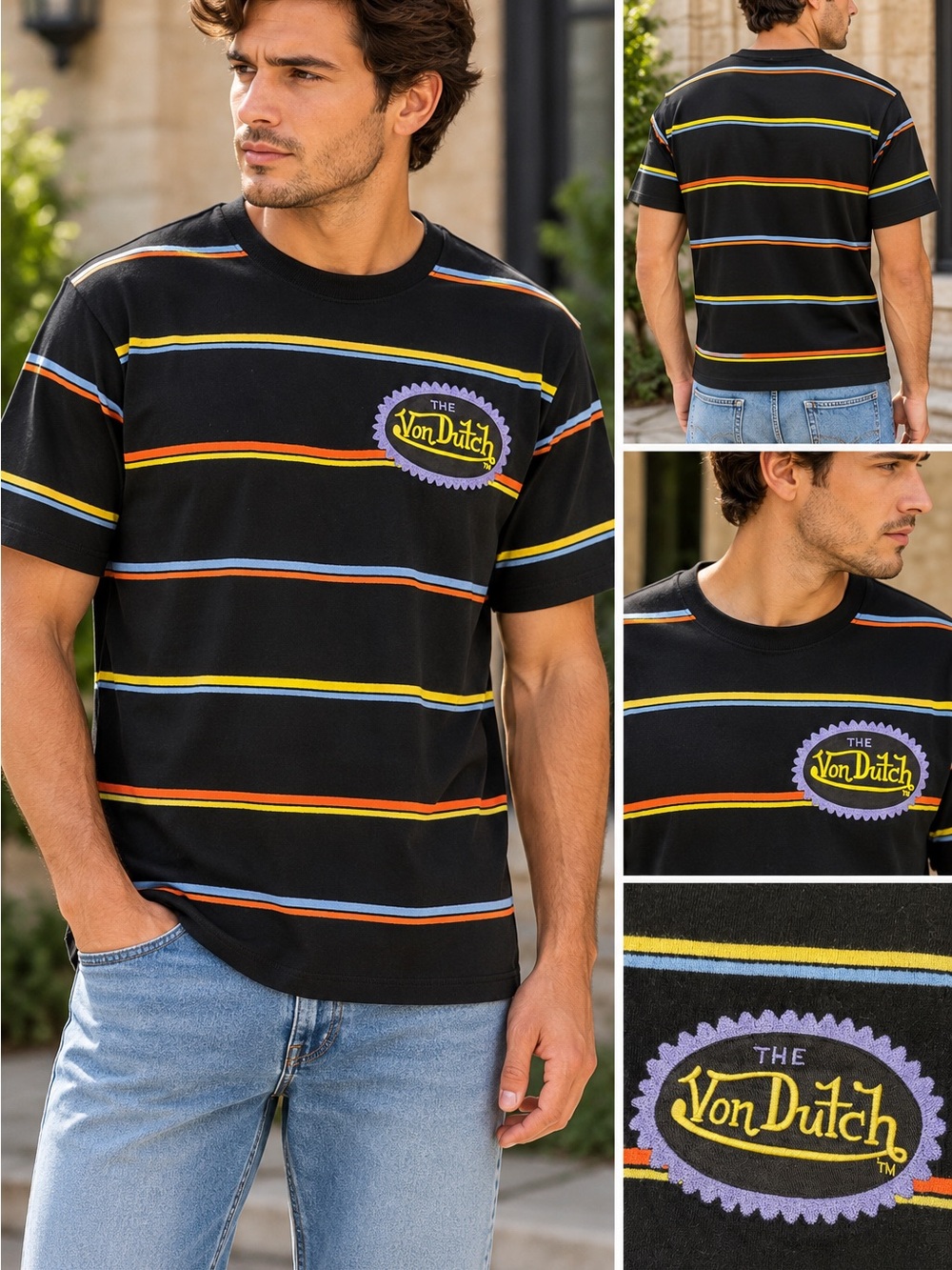 Von Dutch Men’s Striped Logo T-Shirt Black NWT S M L